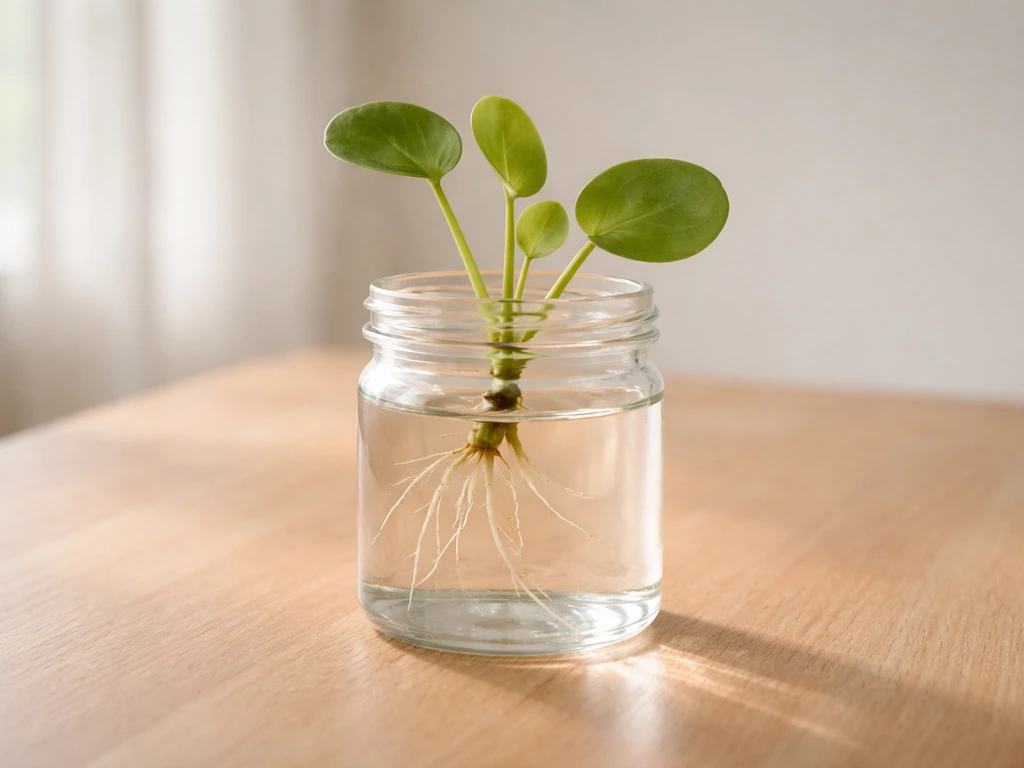 Clear jar with a coin plant cutting in water showing fresh white roots on a light wood table.