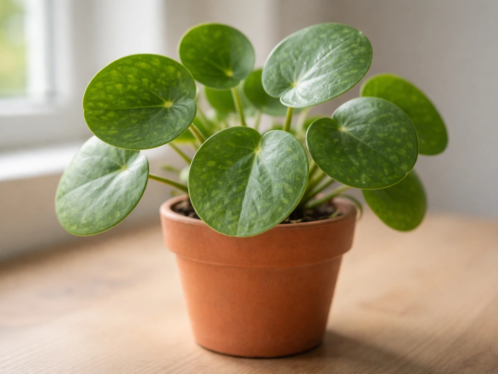 Close-up of a Pilea peperomioides Chinese money plant with round coin-like leaves in a simple pot.