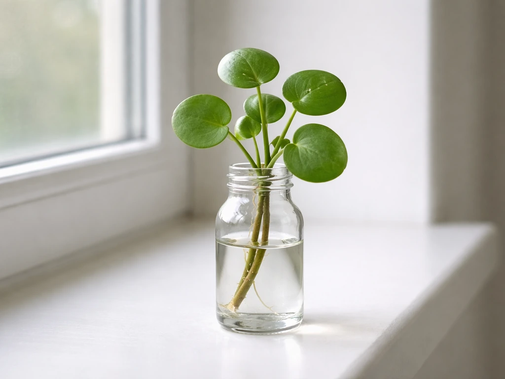Narrow-necked glass jar with coin plant cutting, leaves above waterline, on a windowsill.
