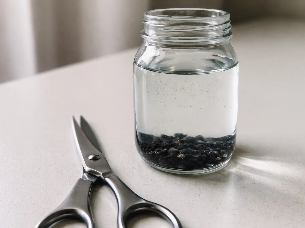 Sanitized scissors and a narrow-neck jar of dechlorinated water with activated charcoal.