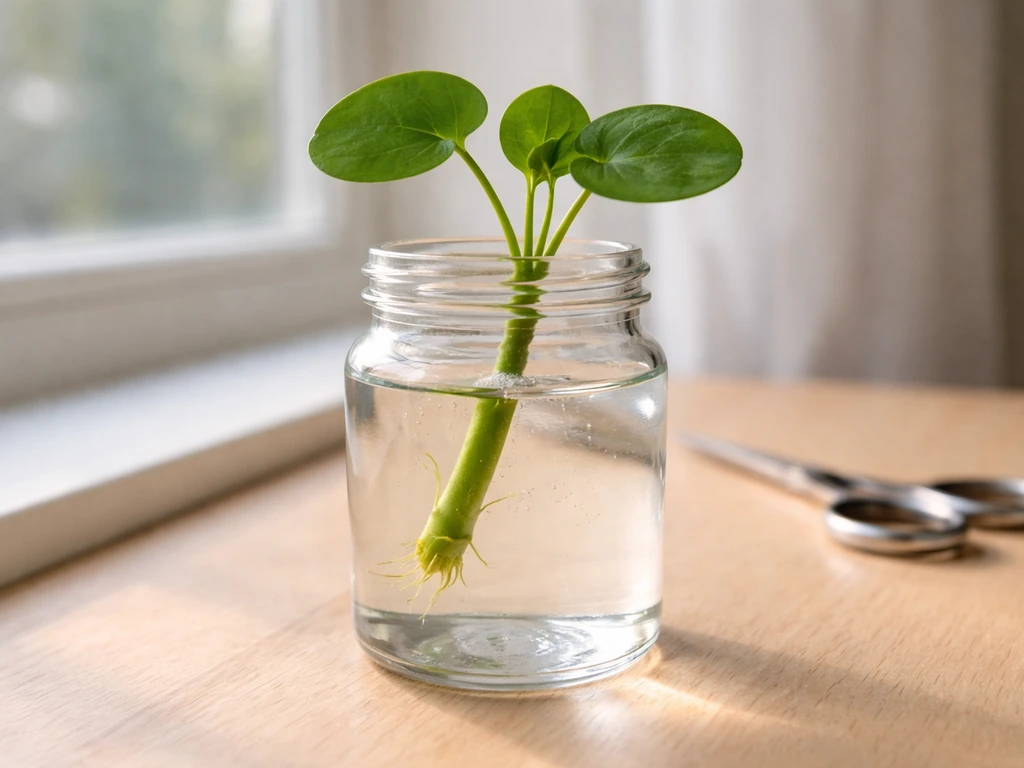 Close-up of a coin plant cutting with the cut end submerged in dechlorinated water, root nodes forming.
