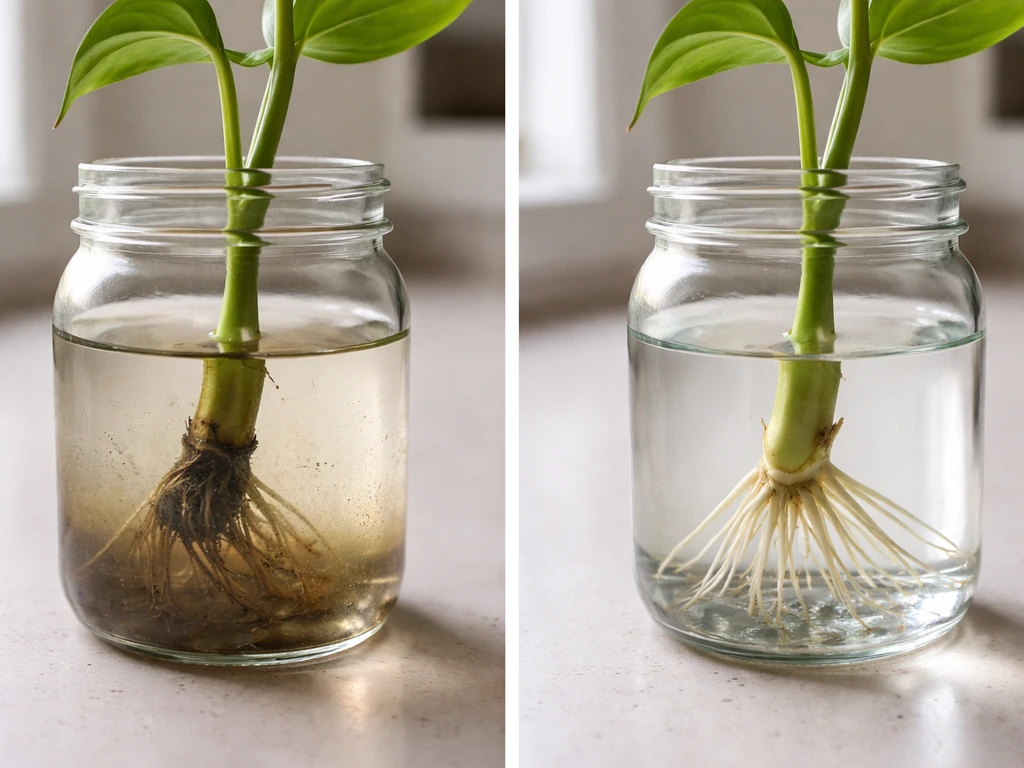 Split photo-style: mushy black stem base in water vs pale healthy roots after trimming and restarting.