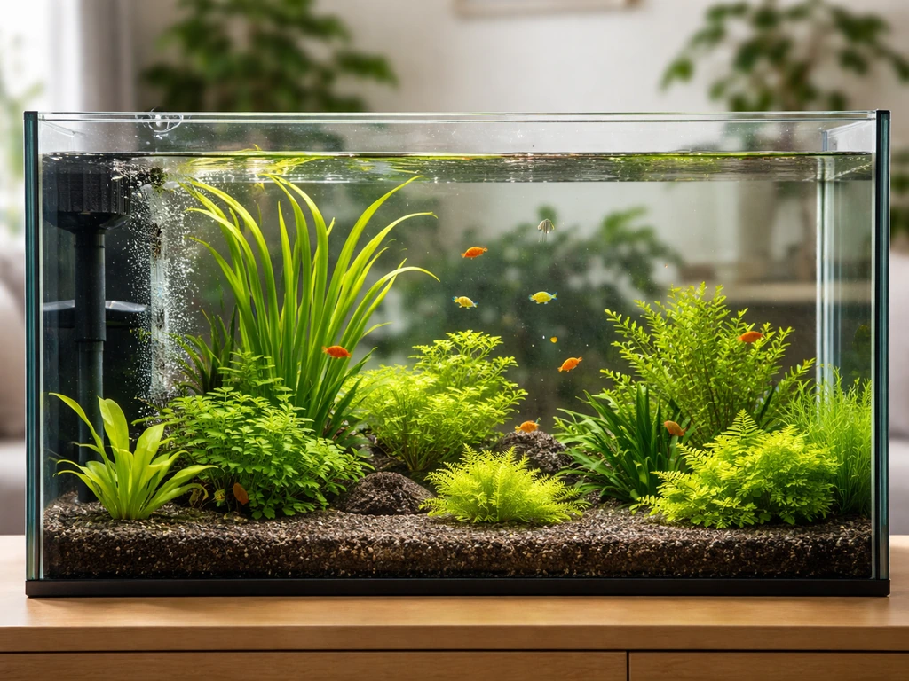 Bright home aquarium with healthy green aquatic plants thriving in clear water.