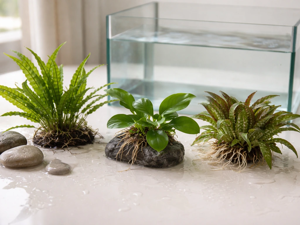 Close-up of several beginner-friendly aquatic plants held above a simple aquarium for planting
