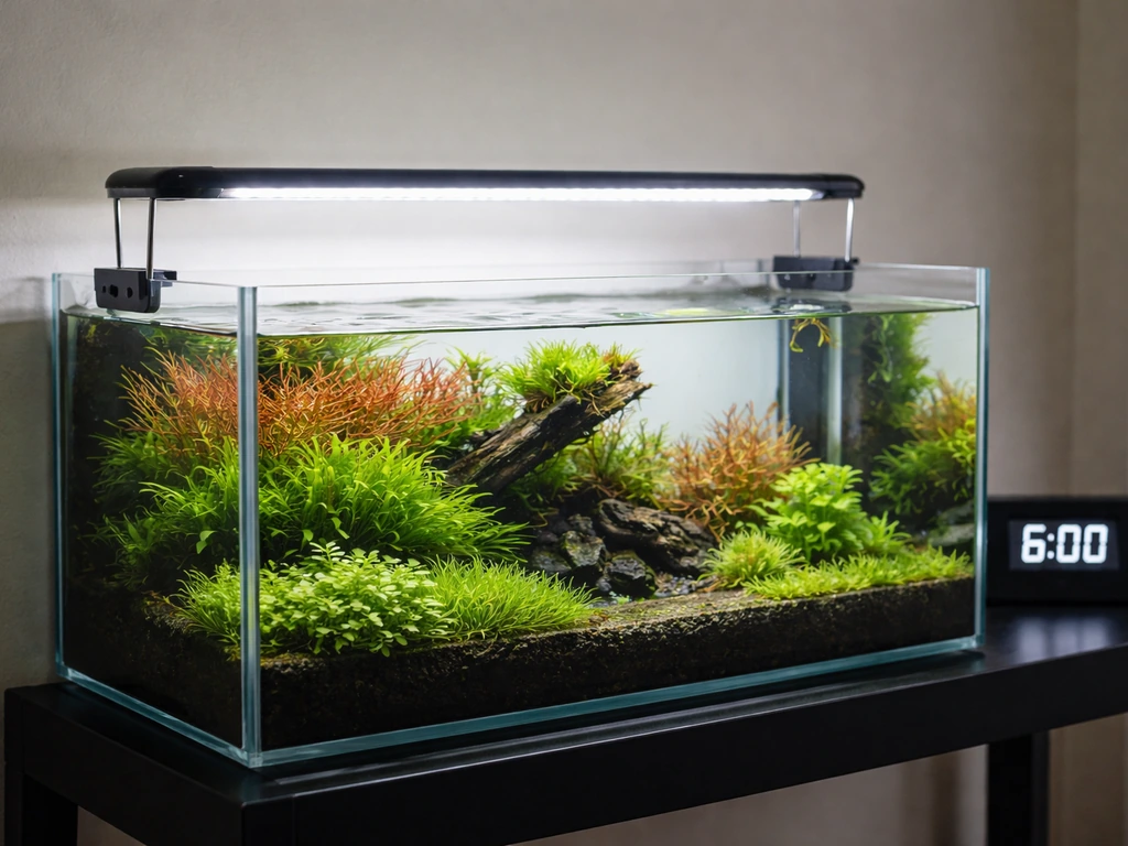 Planted aquarium with a planted-tank LED on a timer clock in the background