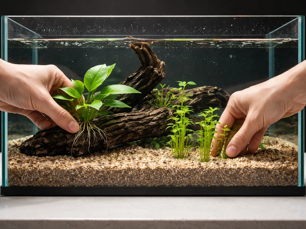 Hands placing rhizome above substrate on hardscape and planting stem cuttings into aquarium gravel with spacing.