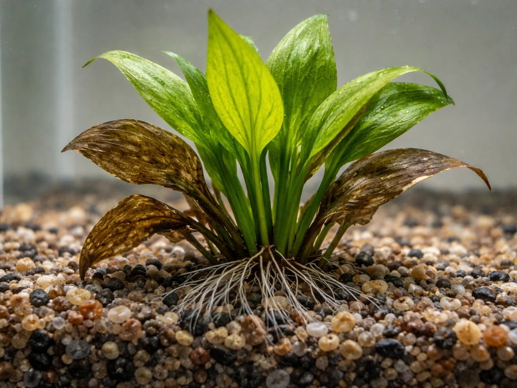 Close-up of Cryptocoryne after planting showing melted leaves and fresh green shoots with roots in gravel