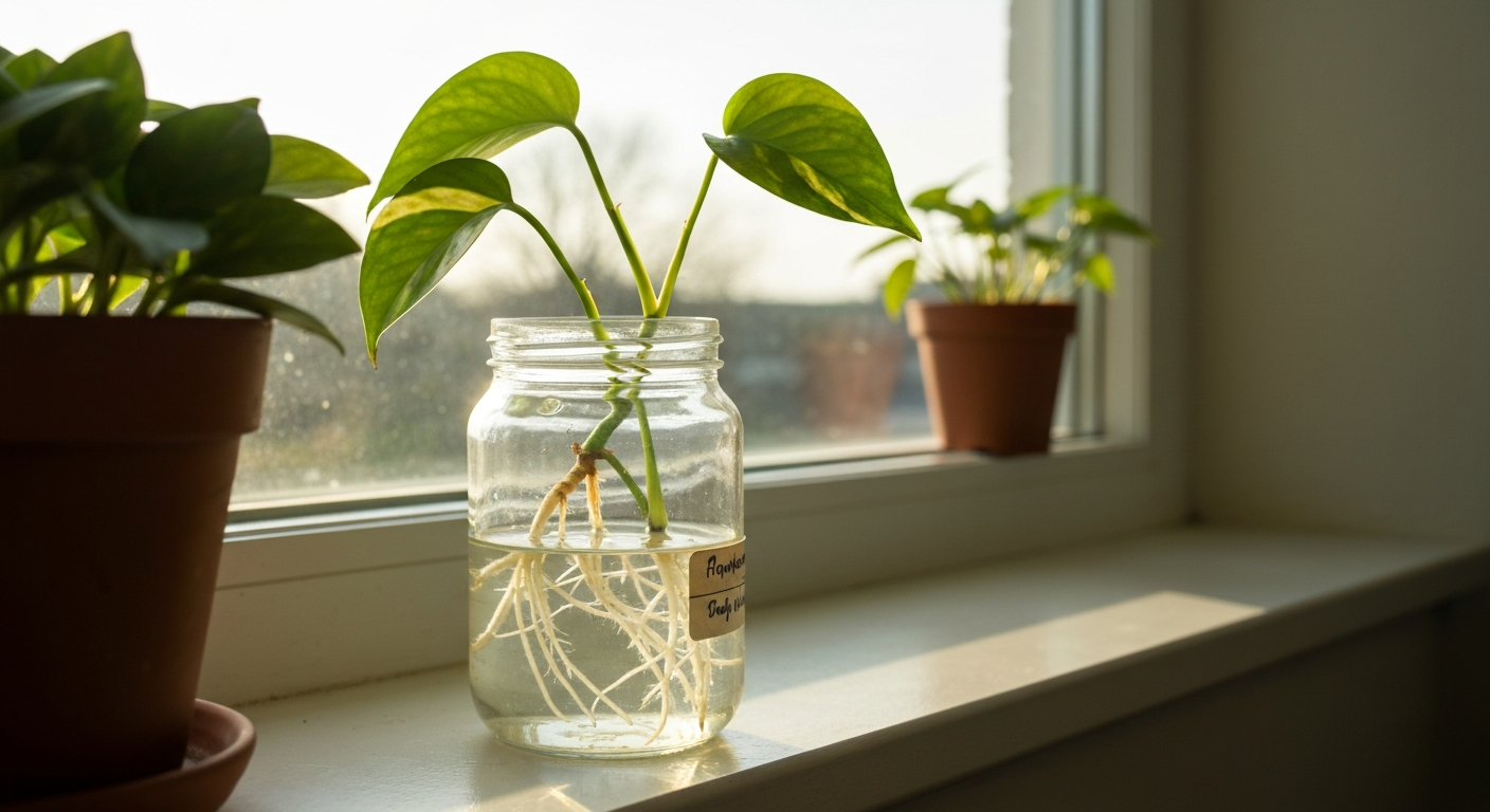 Glass jar on a windowsill with a green plant cutting showing white water roots forming in clear water.