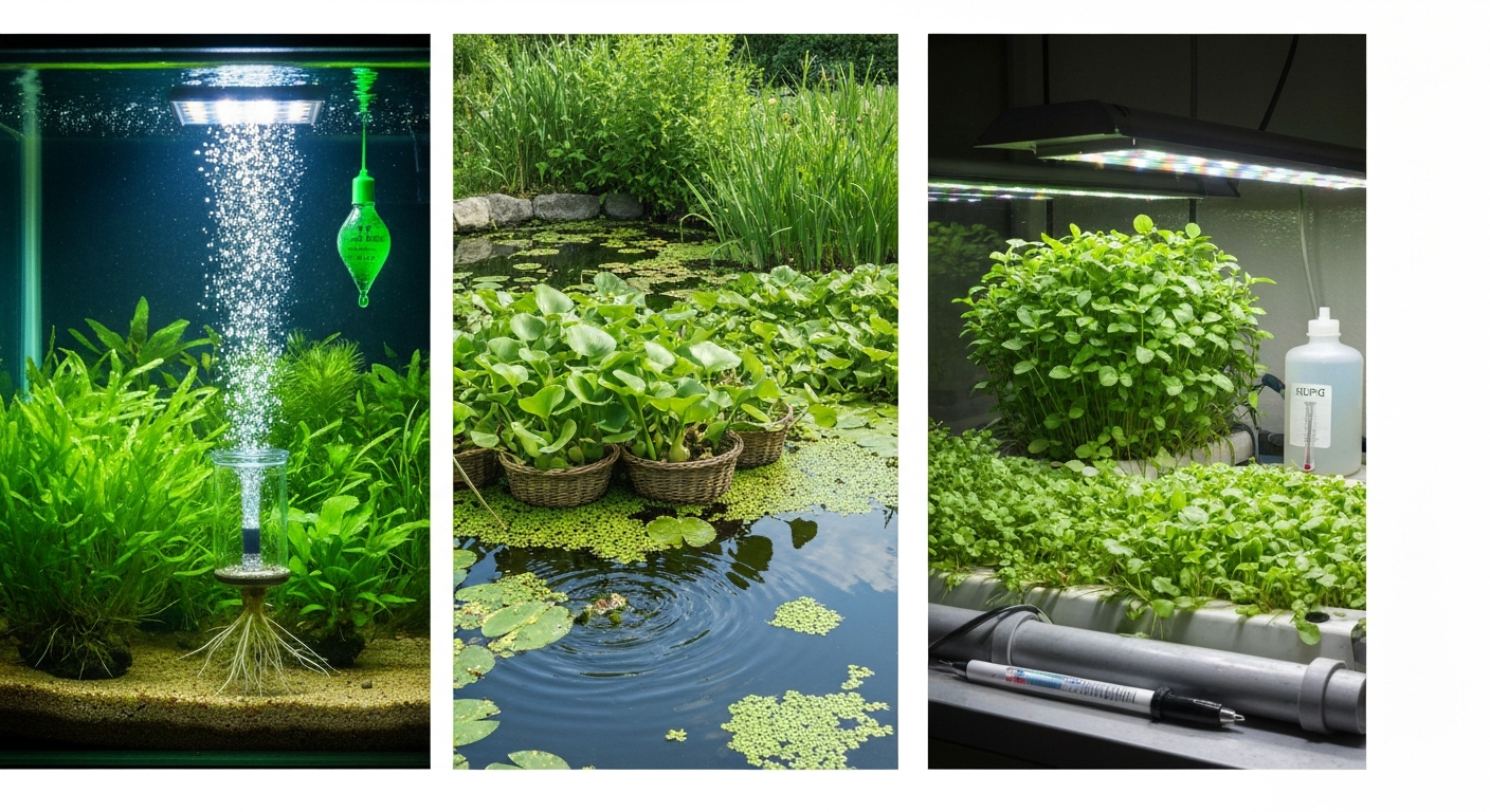 Split image showing a CO₂-injected aquarium, a sunlit pond with floating plants, and a hydroponic raft with duckweed and watercress.