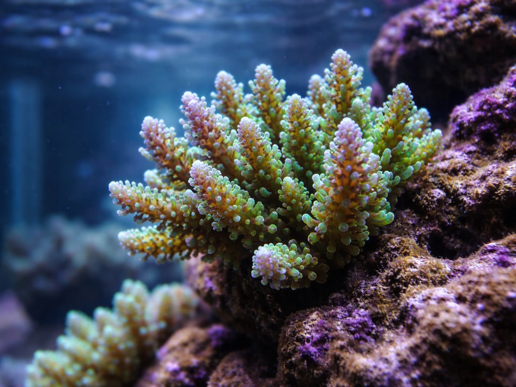 Close-up of vibrant branching Acropora on upper rockwork in a home reef aquarium, with healthy tips.