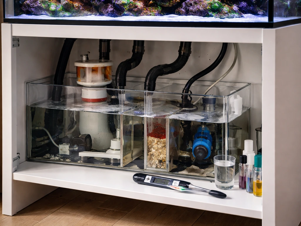 Reef tank and visible sump setup with simple monitoring tools for alkalinity, calcium, and salinity targets.