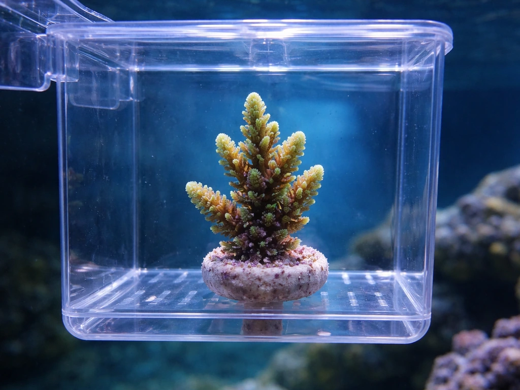 Single Acropora frag in a shaded-to-brighter aquarium acclimation container during light acclimation.