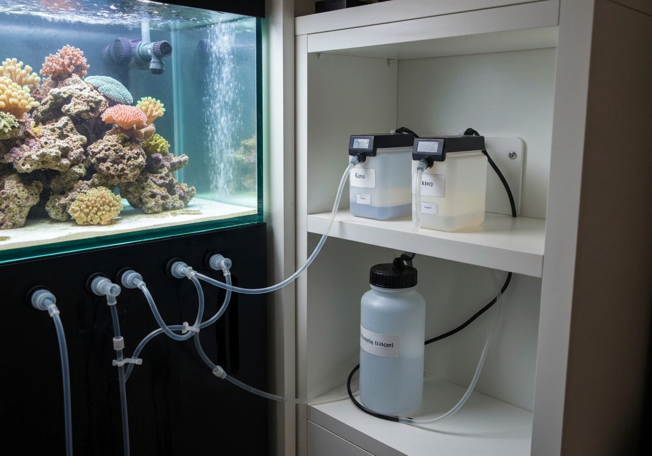 Minimal view of two-part aquarium dosing pumps and containers with tubing neatly connected to an SPS tank