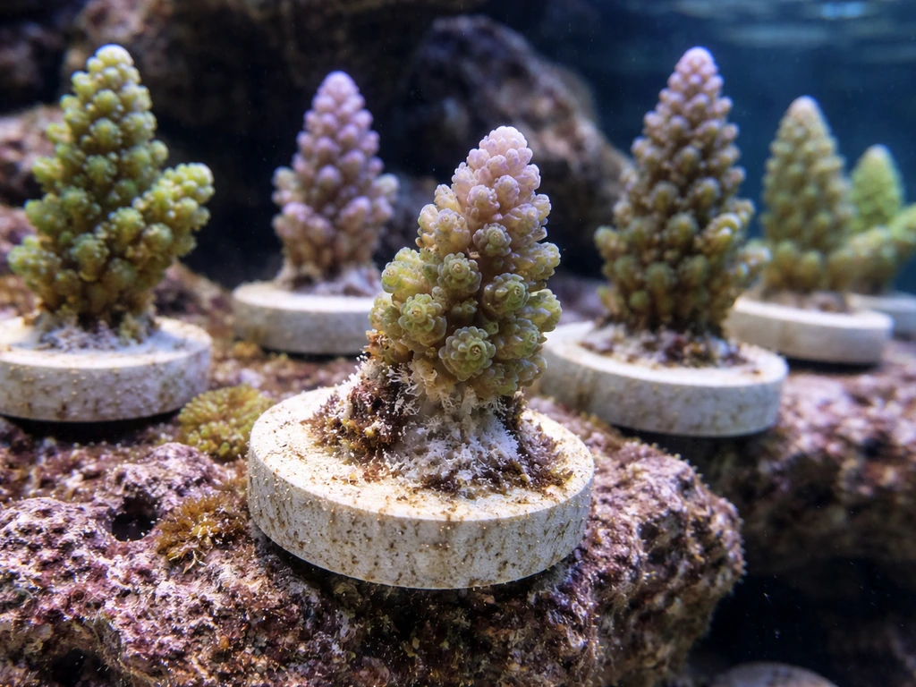 Close-up of acropora frags in a reef tank with tissue recession around one frag plug base.