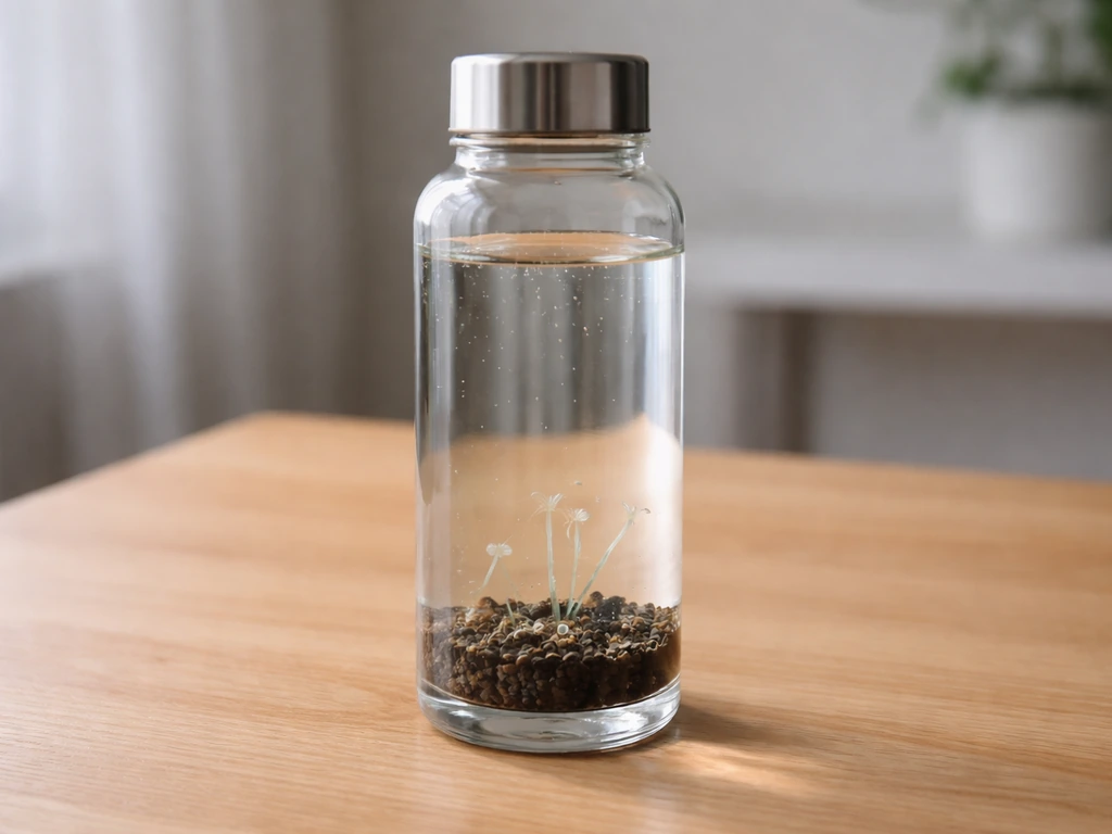 Clear water bottle micro-aquarium on a table with visible Hydra polyps and tiny tentacles inside.