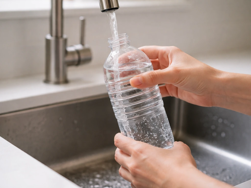 Hands rinse and fill a clear bottle with clear water to leave headspace on a kitchen counter.