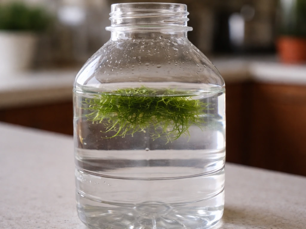 Clear bottle with a clump of Java moss and hornwort floating in still water on a counter.