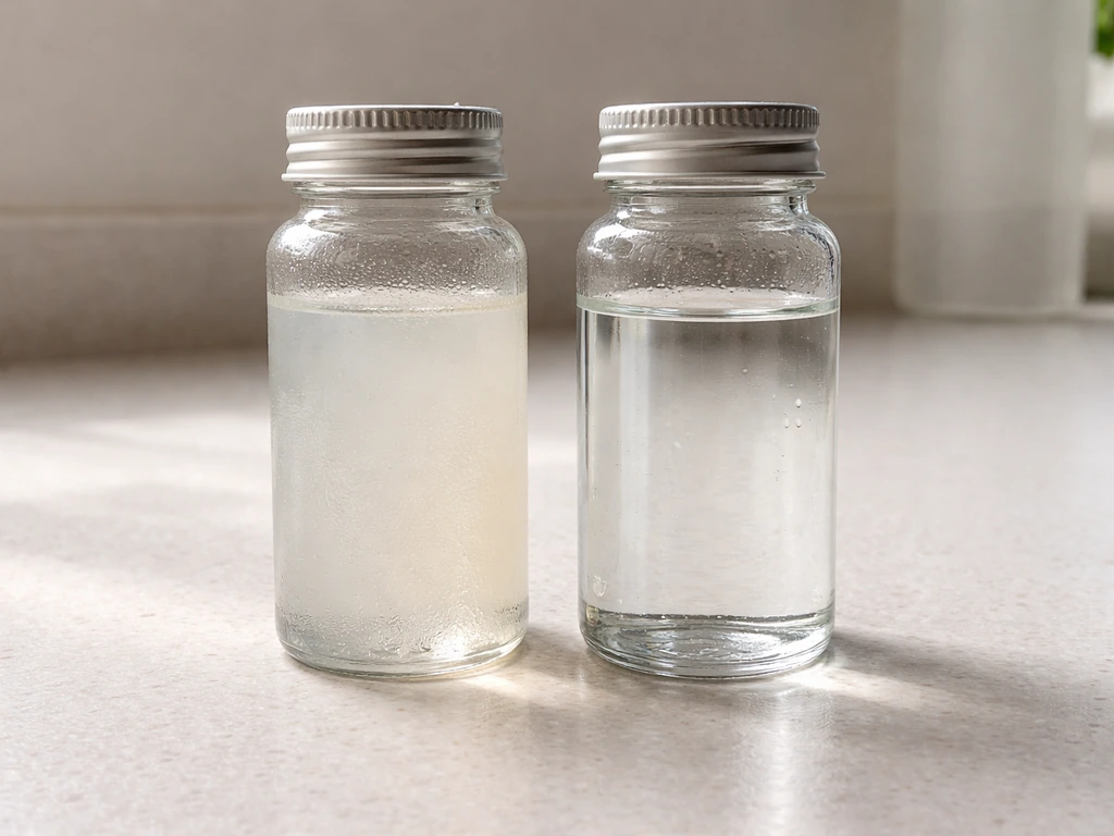Close-up of two aquarium bottles side-by-side, one with cloudy water and one with clearer water.