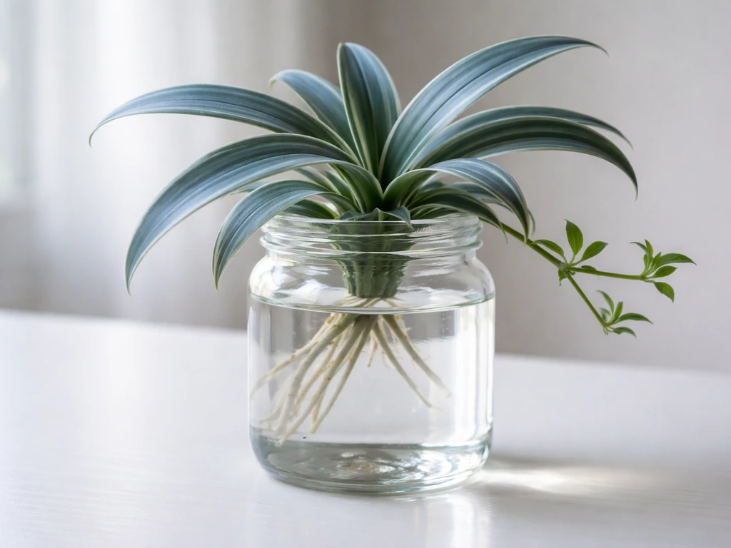 Close-up of blue pearl chlorophytum leaves and small offshoots in clear glass water