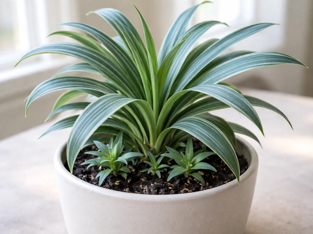 Blue-green chlorophytum in a pot with variegated strap leaves and small plantlets at the base.