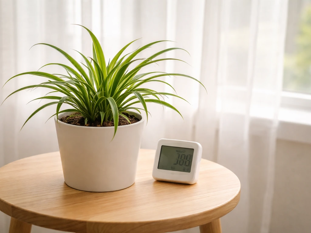 Bright east-window light through sheer curtains beside a small thermometer/hygrometer for plant care.