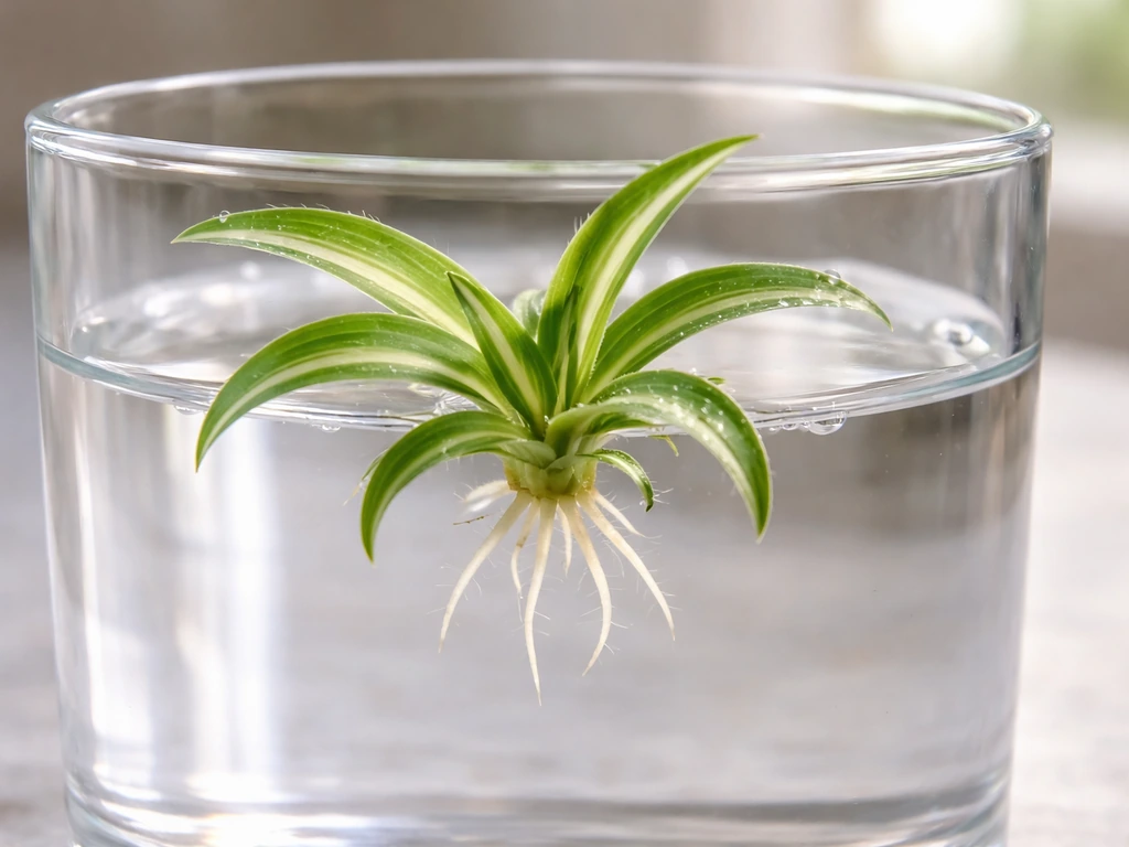 Spiderette plantlet in clear water with short visible white roots growing from the base.