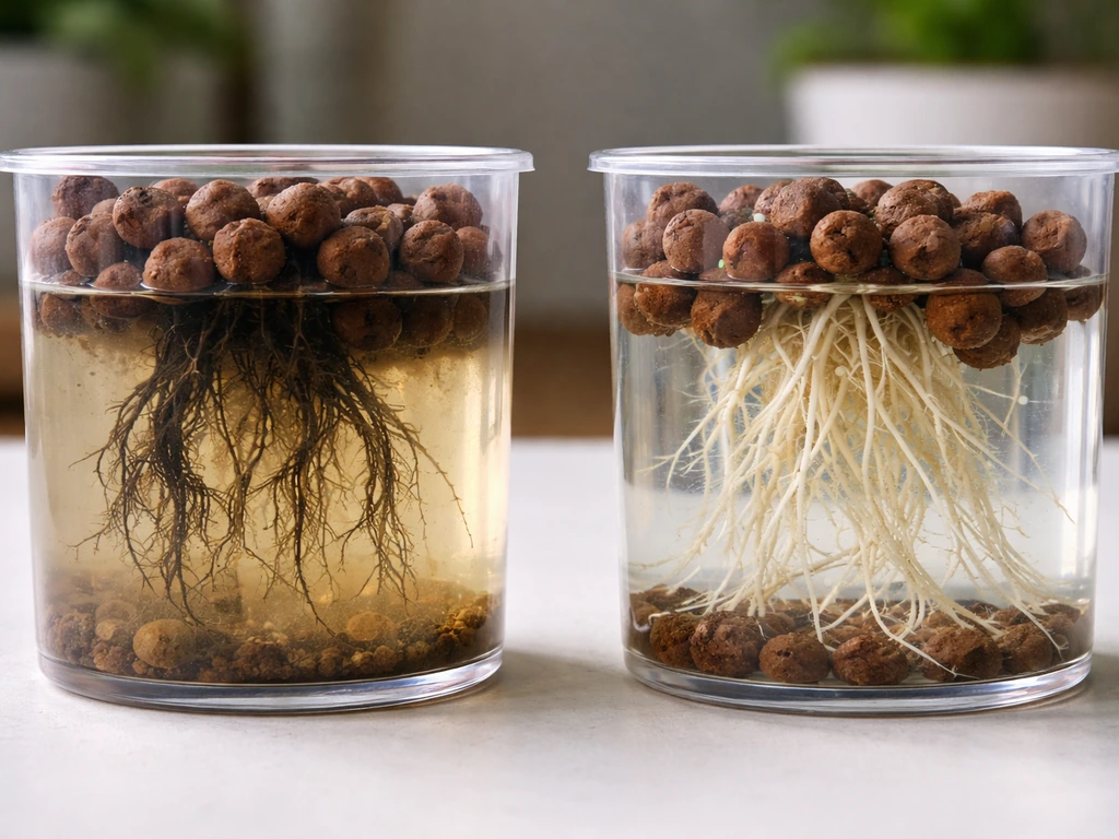 Semi-hydro plant roots comparison: mushy dark rotten roots beside clean white healthy roots in a simple reservoir.