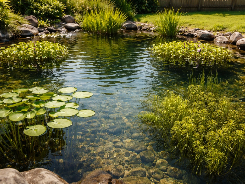 Sunlit backyard pond with healthy pond plants and weed visible at different depths