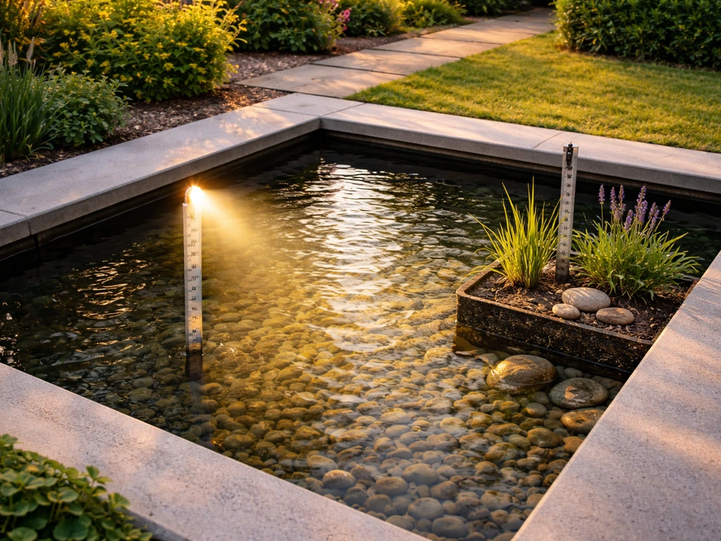 Backyard pond with a lighting fixture aimed at the water, shallow planting area, and a depth-measuring reference.