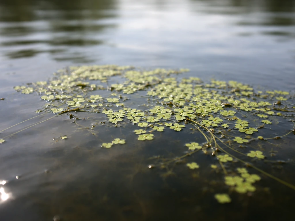 Duckweed-like free-floating plants forming a small mat on a pond’s water surface.