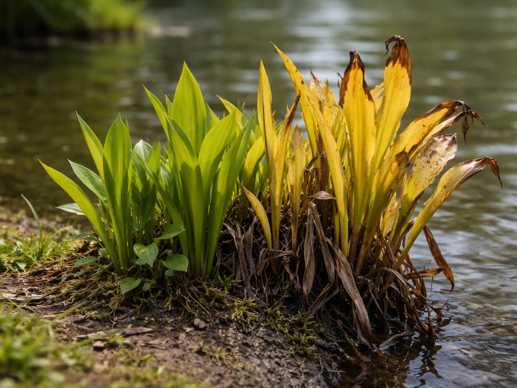 Close-up of pond plant new growth with yellowing leaves and early die-back beside healthy green leaves.
