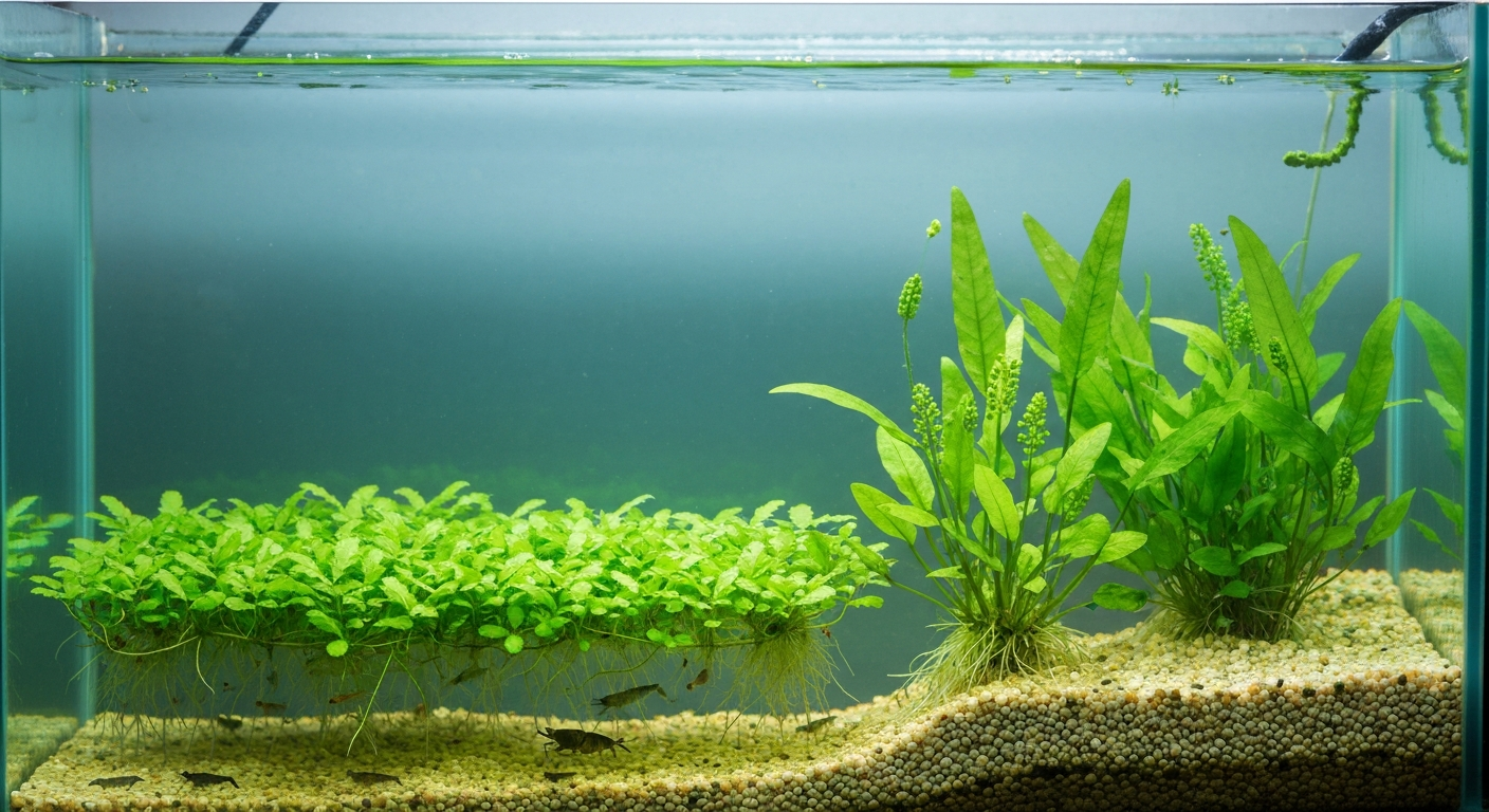 Aquarium showing Water Sprite (Ceratopteris thalictroides) with both floating mat and rooted clump, providing shelter to small fish and shrimp.