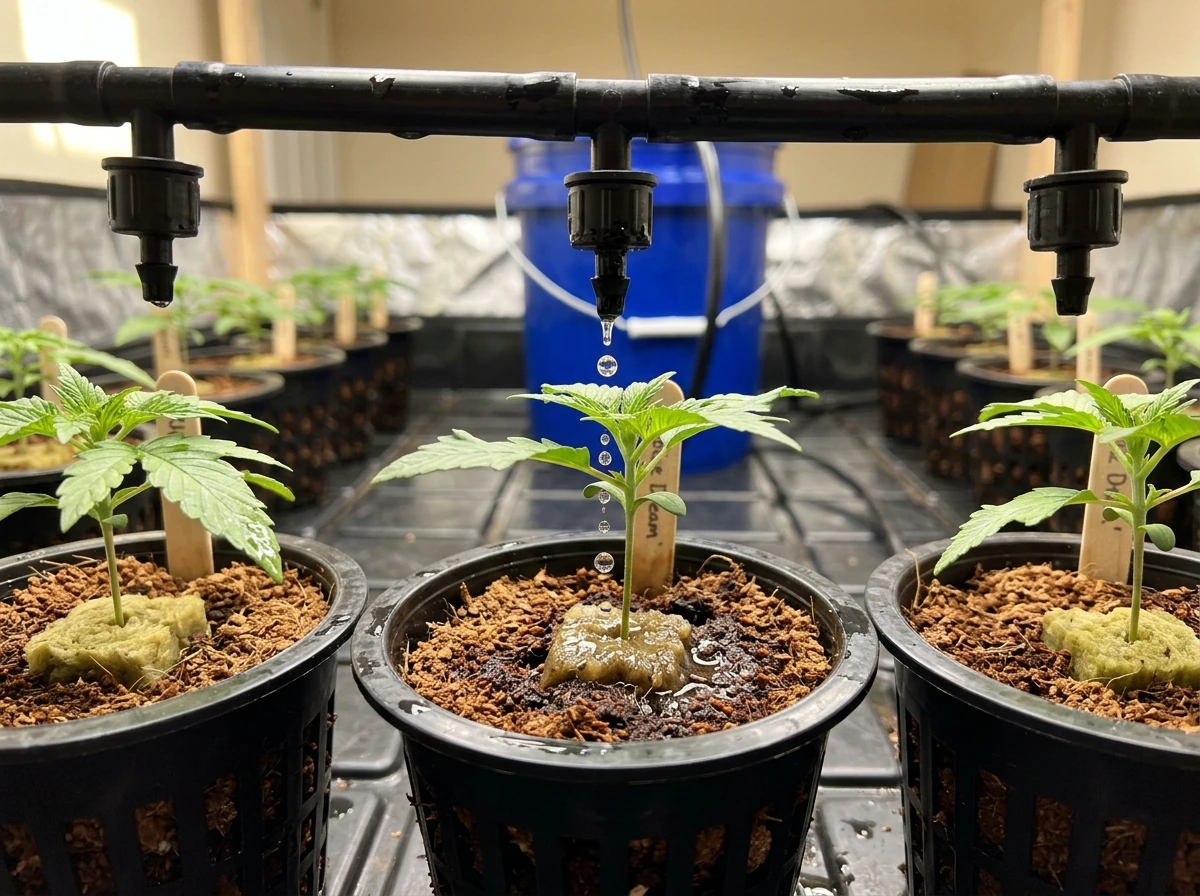 Drip emitters delivering nutrient solution to flower plants