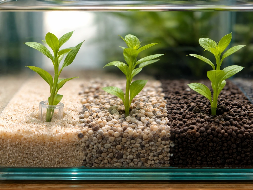 Close-up aquarium view showing fine sand, aqua soil, fine gravel, and a few rooted stem tips held down by clips.