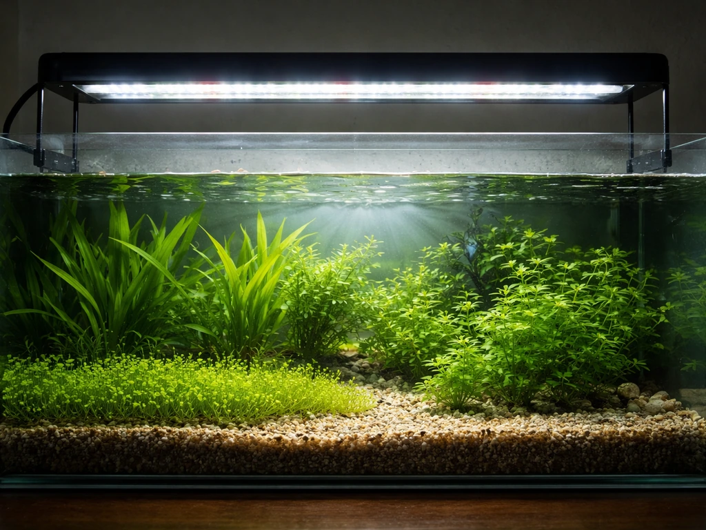 Full-spectrum LED over an aquarium, bright planted tank with visible substrate-level glow.