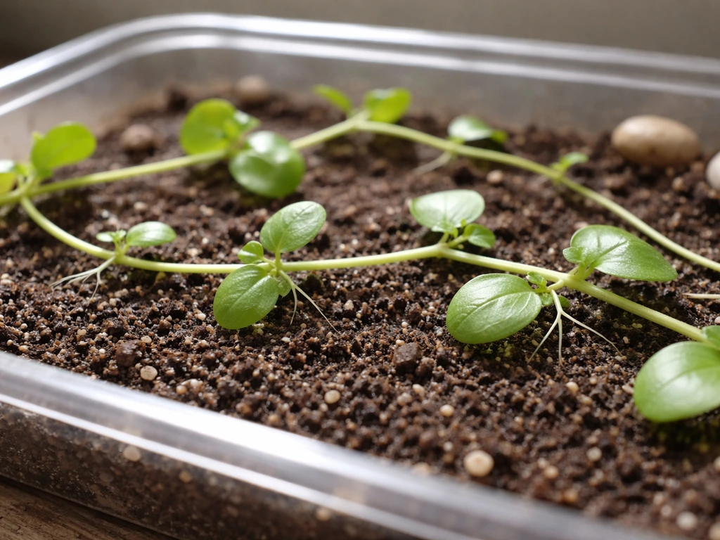 Creeping plant runners in a shallow tray with a few stems showing early root nubs before replanting.