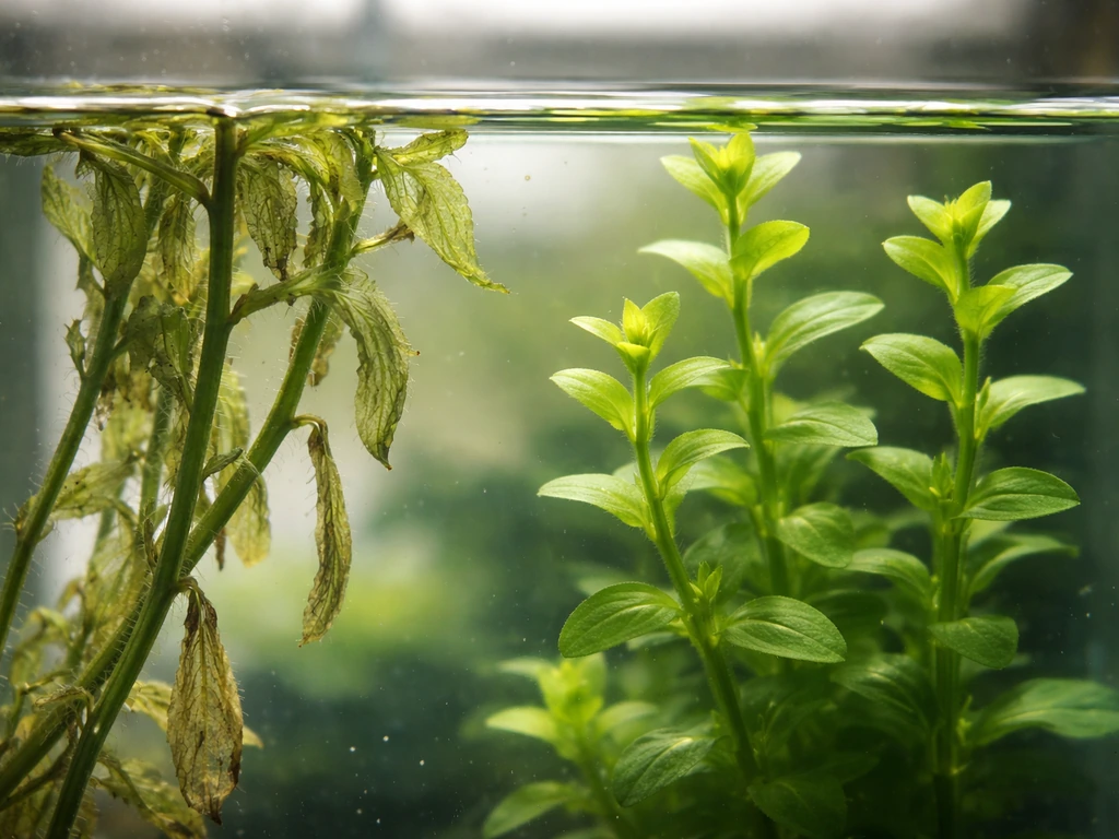Close-up of moneywort plant with drooping emersed leaves after submersion and fresh underwater growth tips
