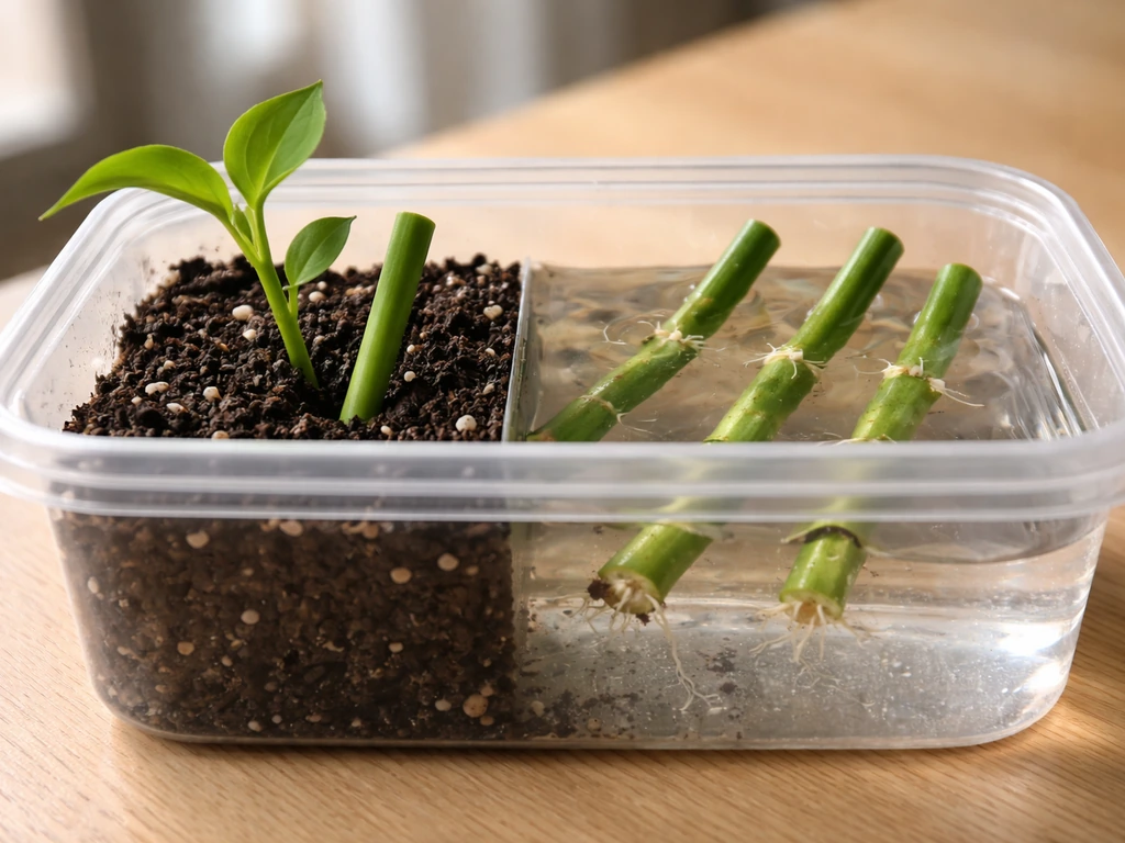 Green plant cuttings in a small clear container, floating briefly, then placed with nodes covered in soil.