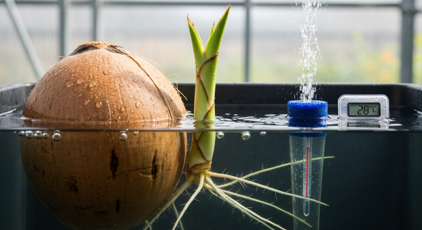 Mature coconut partially submerged in water with an emerging shoot and white roots, air stone bubbles and a thermometer showing warm temperature in a greenhouse-like setting.