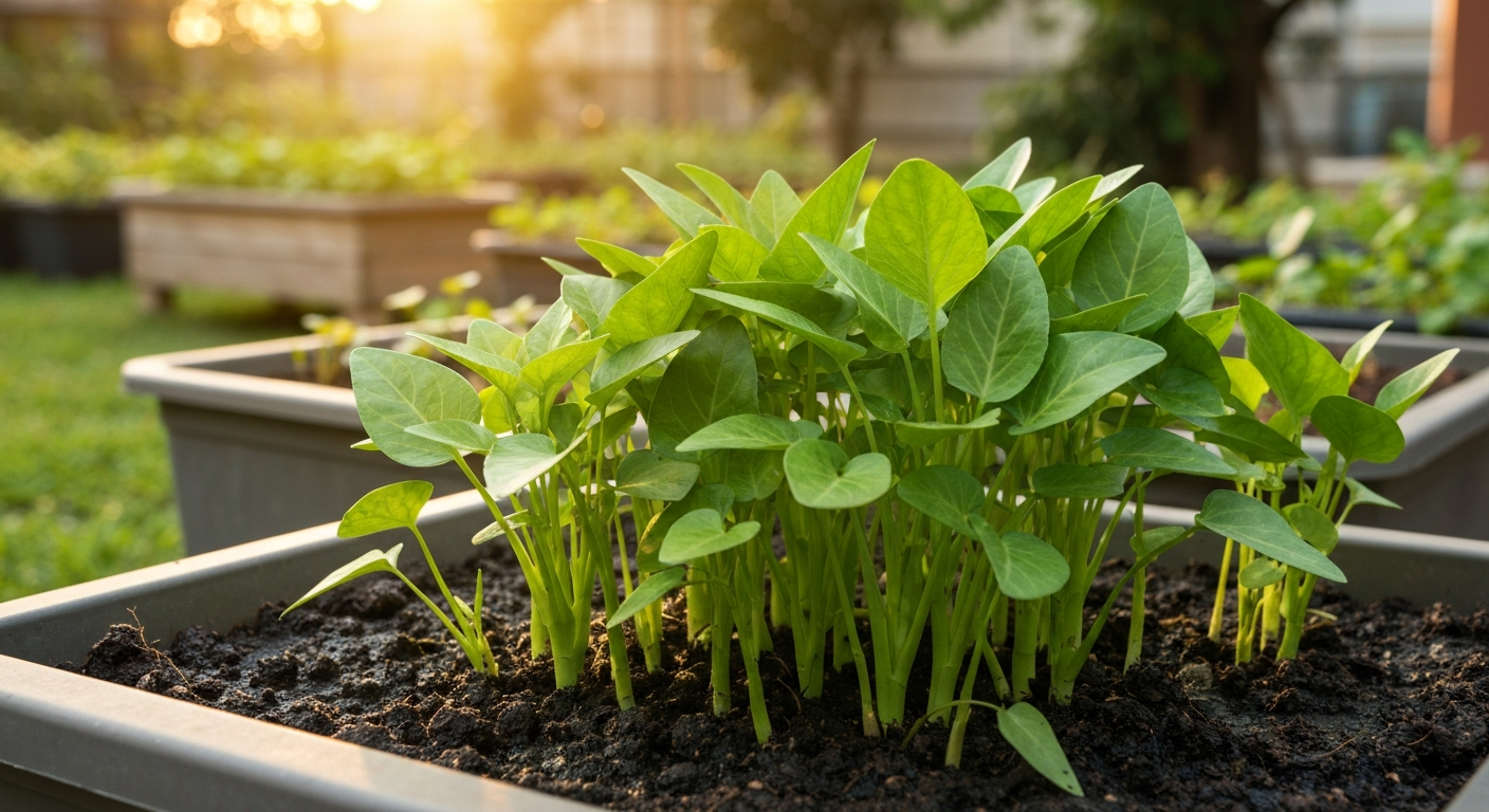 Lush kangkong plants growing in soil in a sunny planter and raised bed on a balcony.