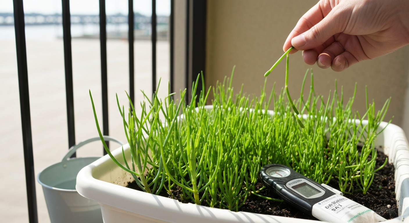 Close-up of saltwort (Salicornia) growing in a 5‑gallon container on a sunny balcony, with young green jointed stems being harvested; mixing bucket and handheld refractometer visible.
