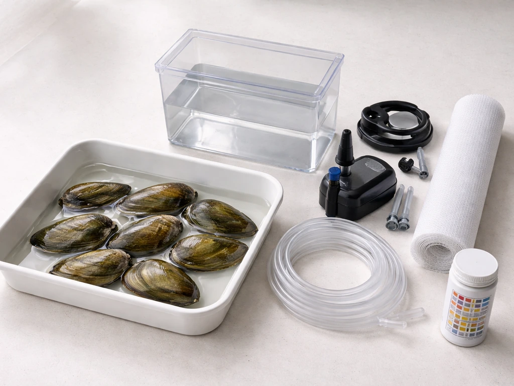 Beginner aquaculture setup: live mussels, small container, pump parts, mesh, and water test strips on a clean table