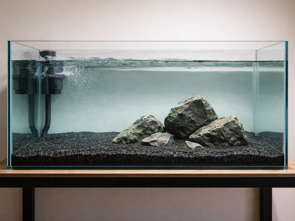 Wide shot of a large aquarium with visible pump flow and dark gravel substrate in a minimal room.