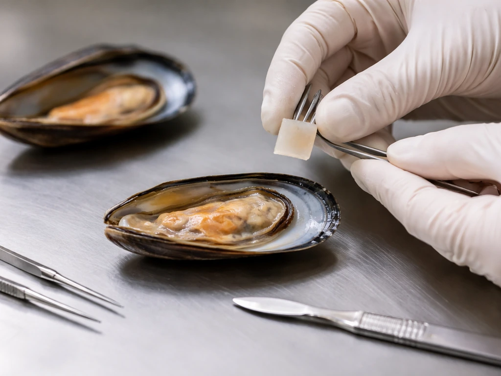 Gloved hands preparing a small square mantle tissue over an open mussel shell with fine tools