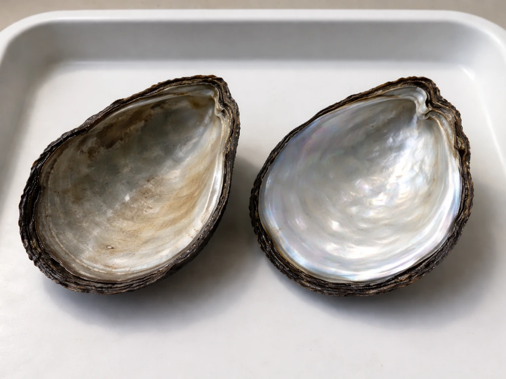 Close-up of a partially opened harvested shell showing thin dull nacre beside a healthy glossy nacre shell