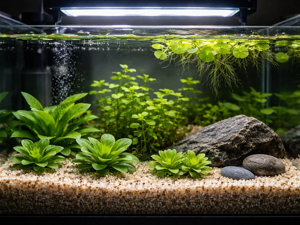 Close view of a beginner aquarium with clean substrate, low-tech plants, and a simple LED light
