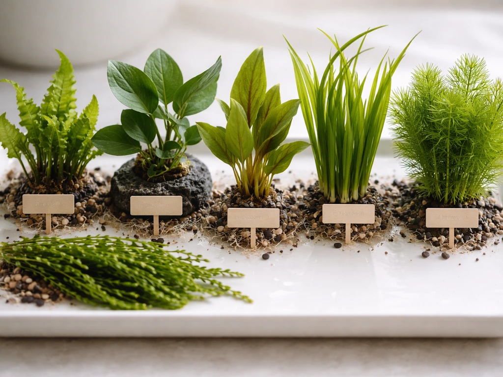 Six beginner aquarium plants laid neatly on a clean surface with plant tags nearby