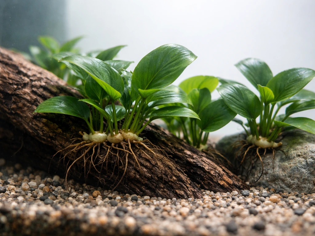 Close-up aquarium shot showing Anubias leaves with rhizome above substrate on rock and driftwood.