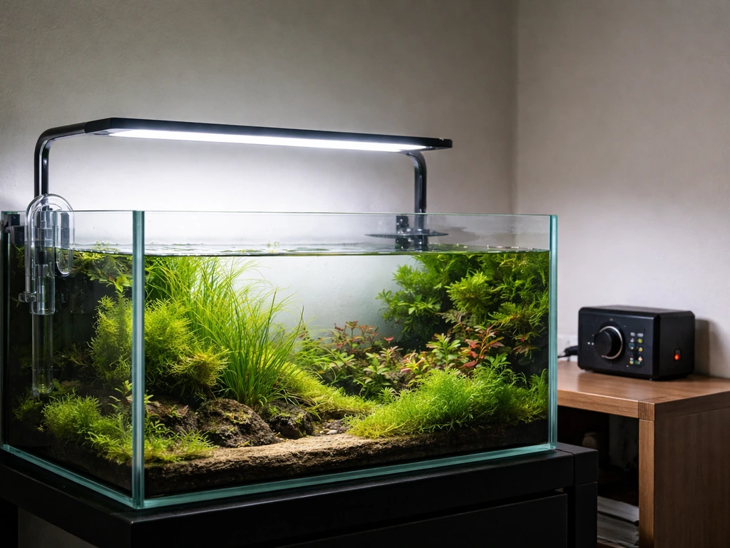 LED aquarium light with a simple timer above a planted tank, showing a beginner lighting setup.
