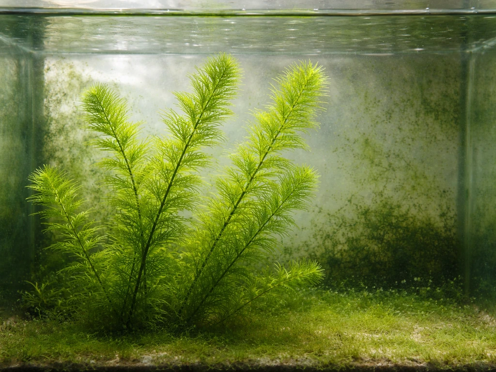 Hornwort branches thriving in a freshwater aquarium with visible algae on tank surfaces